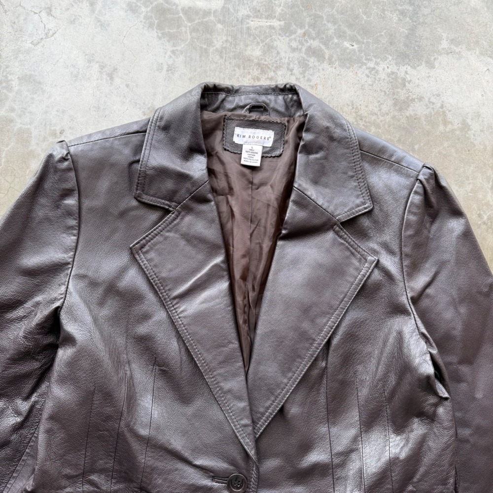 Vintage Kim Rogers Brown Leather cropped Blazer suit Jacket double breasted - Picture 2 of 8
